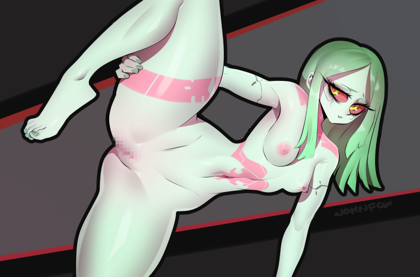 1girl breasts censored censored_pussy cyberpunk:_edgerunners cyberpunk_(series) cyberpunk_2077 female john_fox navel nipples nude pussy rebecca_(edgerunners) small_breasts solo