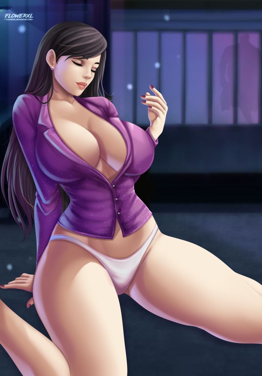 1girl 1girls big_breasts black_hair blazer breasts cleavage closed_eyes dc_comics dcau female_only flowerxl ghost light-skinned_female light_skin lois_lane lois_lane_(dcau) long_hair miniskirt no_pants office_lady on_bed panties purple_nails superman:_the_animated_series superman_(series) thick_thighs white_panties