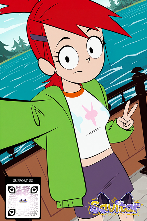 1girl 1girl 1girl ai_generated bangs black_eyes breasts closed_mouth clothing crop_top day eyelashes footwear foster's_home_for_imaginary_friends frankie_foster frown grass green_hoodie green_jacket hair_ornament hairclip hands_in_pockets hood hooded_jacket hoodie jacket knees_up littlehentai long_sleeves looking_at_viewer midriff open_clothes open_jacket orange_socks outside ponytail red_hair savitar savitar_(artist) shirt shoes shorts sitting sneakers socks star_(symbol) swept_bangs tree water white_shirt