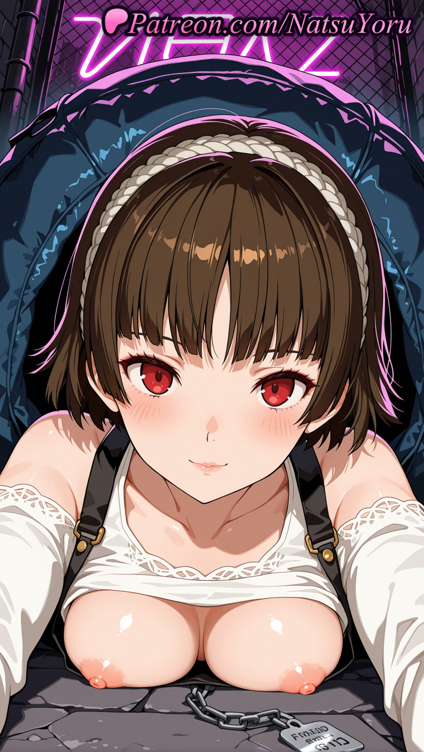 1girl 1girl 1girls 2025 ai ai_assisted ai_generated anime anime_style atlus bangs bare_shoulders big_breasts blush braid breast_press breasts breasts_out brown_hair bust chain chair closed_mouth clothes_lift clothing collarbone crown_braid detached_sleeves female_focus female_only fence hairband hentai high_quality high_res high_res high_resolution lips looking_at_viewer lying makeup makoto_niijima medium_breasts megami_tensei natsuyoru nipples nipples_outside no_bra on_stomach patreon persona persona_5 persona_5_royal red_eyes shirt shirt_lift short_hair smile solo_female stable_diffusion uncensored_nipples voluptuous voluptuous_female white_shirt