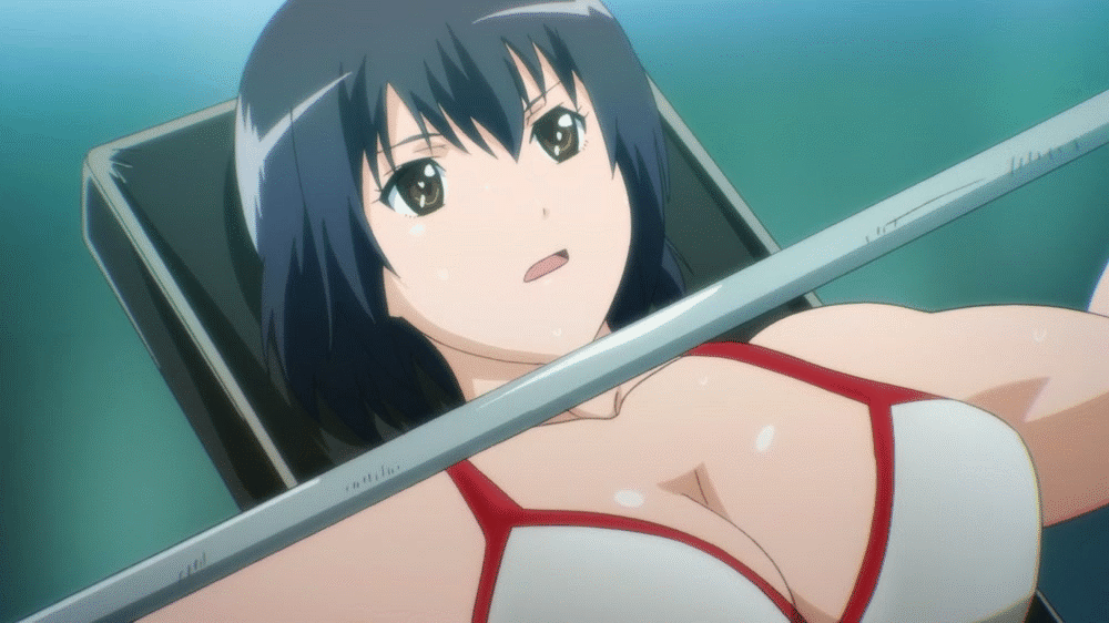 10s 1girl alluring athletic_female barbell big_breasts black_hair cleavage exercising female_focus fit_female gif hagiwara_sakura muscular sekai_de_ichiban_tsuyoku_naritai! short_hair sweat upper_body weightlifting