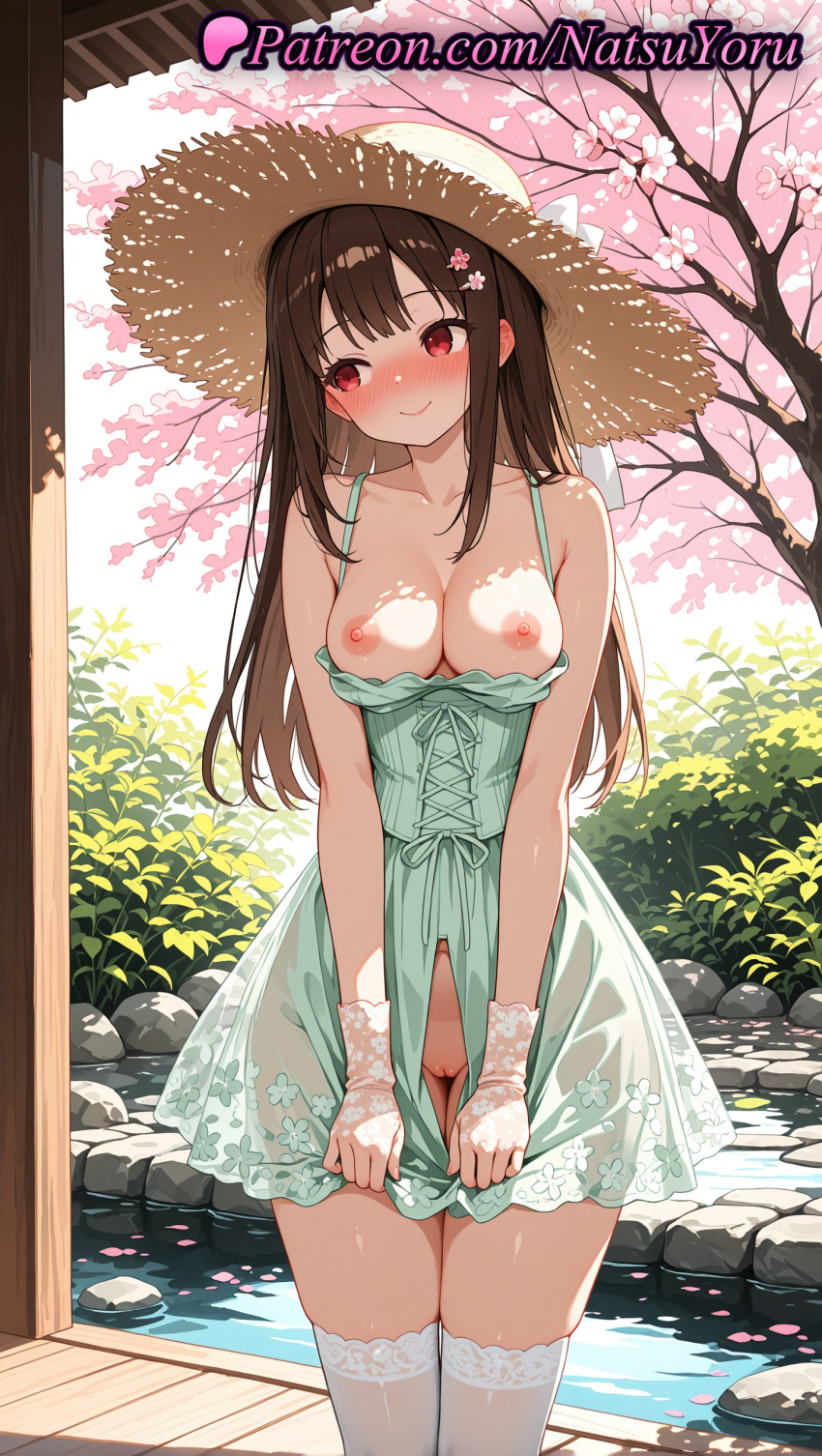 1girl 1girl 1girls 2025 ai ai_assisted ai_generated anime anime_style artist_name asian ass_visible_through_thighs averting_eyes bangs bare_arms bare_shoulders big_breasts big_breasts blush breasts breasts_out brown_hair brown_headwear bush bust cherry_blossoms cleavage cleft_of_venus closed_mouth clothes_pull collarbone cowboy_shot day dress dress_pull dress_tug east_asian embarrassed female_focus female_only female_solo flower foliage gloves green_dress hair_flower hair_ornament hairclip hat hentai high_quality high_res high_res high_resolution iino_miko kaguya-sama_wa_kokurasetai_~tensai-tachi_no_renai_zunousen~ lace lace-trimmed_legwear lace_trim long_hair looking_at_viewer looking_away looking_to_the_side medium_breasts natsuyoru navel nipples nipples_outside no_bra no_panties nopan nose_blush outside patreon petals pink_flower pond pussy pussy red_eyes rock see-through see-through_dress sidelocks sleeveless sleeveless_dress smile solo_female spaghetti_strap stable_diffusion standing stockings straw_hat sun_hat thigh_gap thighs tree uncensored uncensored_nipples voluptuous voluptuous_female water wet_dress white_legwear white_thighhighs