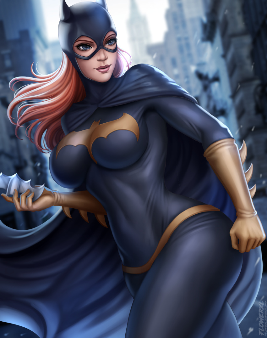 1girl 1girl 1girls ass barbara_gordon batarang batgirl batman_(series) belt big_ass big_breasts big_breasts blue_eyes breasts cape city cleavage clothed clothed_female clothing cowl curvaceous curvaceous_figure curves curvy curvy_female curvy_figure dc_comics dc_comics female_only flowerxl fully_clothed gloves holding_object long_hair mask masked_female red_hair solo_female superheroine thick thick_ass thick_thighs thighs tight_clothes tight_clothing tight_fit watermark wide_hips