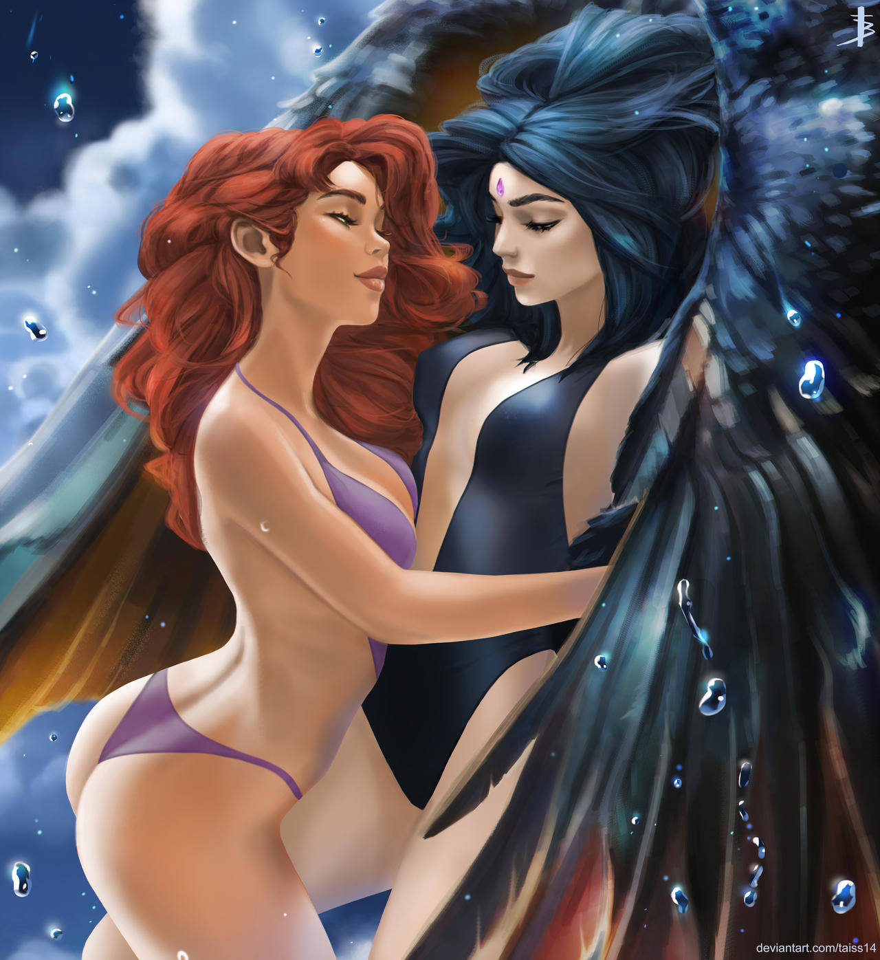 2_girls alien_girl alternate_costume ass bangs bare_arms bare_legs bare_shoulders big_ass bikini black_hair black_one-piece_swimsuit black_swimsuit black_wings breasts closed_eyes closed_mouth couple dc_comics dcau demon_girl duo feathered_wings female_only forehead_jewel friends grey_skin half-closed_eyes heroine hugging jewelry koriand'r legs lips lipstick long_hair looking_at_another love makeup medium_breasts midriff multiple_girls mutual_yuri neck older older_female one-piece_swimsuit parted_bangs purple_bikini purple_swimsuit rachel_roth raven_(dc) red_hair romantic romantic_couple short_hair small_breasts smile splashing starfire superheroine swimsuit tattiart teen_titans thick_eyebrows thick_lips thick_thighs thighs water wings young_adult young_adult_female young_adult_woman yuri