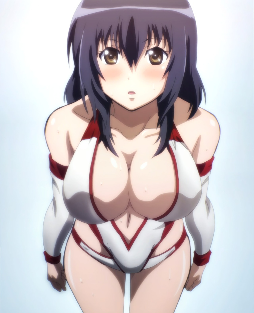 10s 1girl 1girl alluring anime_screenshot arms_at_sides bare_shoulders big_breasts black_hair blush cleavage collarbone detached_sleeves female_focus hagiwara_sakura hair_between_eyes high_res hip_focus long_hair looking_at_viewer navel open_mouth sekai_de_ichiban_tsuyoku_naritai! short_hair standing sweat thighs wrestling wrestling_outfit yellow_eyes