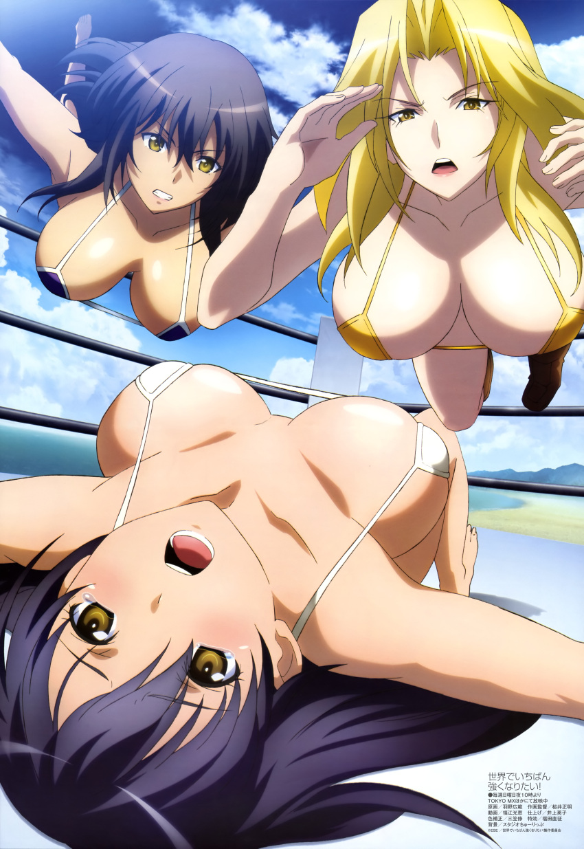 10s 3_girls absurd_res alluring barefoot beach big_breasts bikini black_hair blonde_hair blush cleavage cloud day feet female_focus hagiwara_sakura hanging_breasts hano_hironori high_res jackal_toujou long_hair lying megami_magazine multiple_girls non-web_source ocean official_art on_back open_mouth outside sekai_de_ichiban_tsuyoku_naritai! sky swimsuit tears teeth toyoda_misaki water white_bikini wrestling wrestling_ring yellow_bikini yellow_eyes