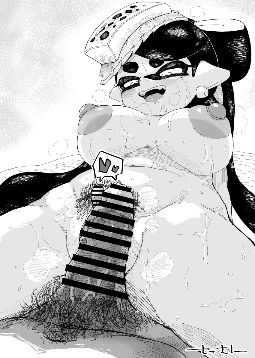 1boy1girl 1girl bed bedroom_eyes before_sex big_breasts big_nipples breasts bush bushy_pubes callie_(splatoon) censored censored_penis cowgirl_position drooling earrings hat inkling inkling_girl long_hair looking_down male mole_under_eye nintendo open_mouth penis penis_awe penis_on_pussy pubic_hair pussy pussy sassan splatoon squid_sisters steam steaming_body sweat thick_eyebrows thick_thighs veiny_penis
