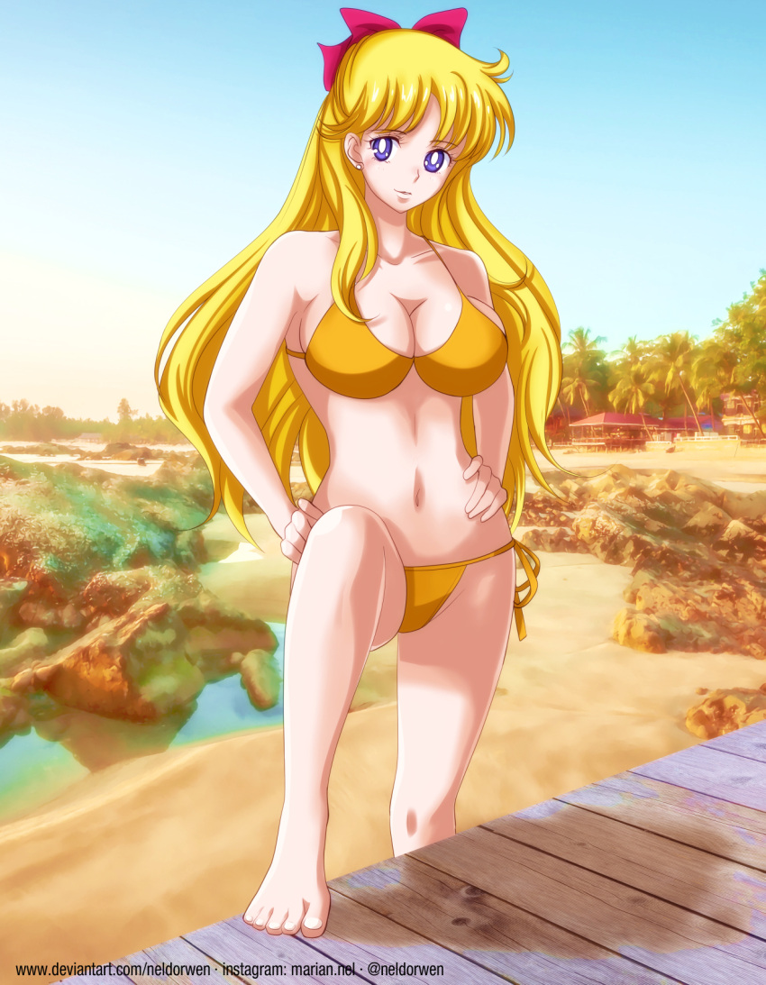 1girl 1girl 1girl alluring alternate_breast_size artist_name bare_legs barefoot beach big_breasts bikini bishoujo_senshi_sailor_moon blonde_hair blue_eyes cleavage feet hair_ribbon hands_on_own_hips high_res legs long_hair looking_at_viewer minako_aino navel neldorwen ocean parted_lips ribbon sideboob smile swimsuit teeth thighs water yellow_bikini