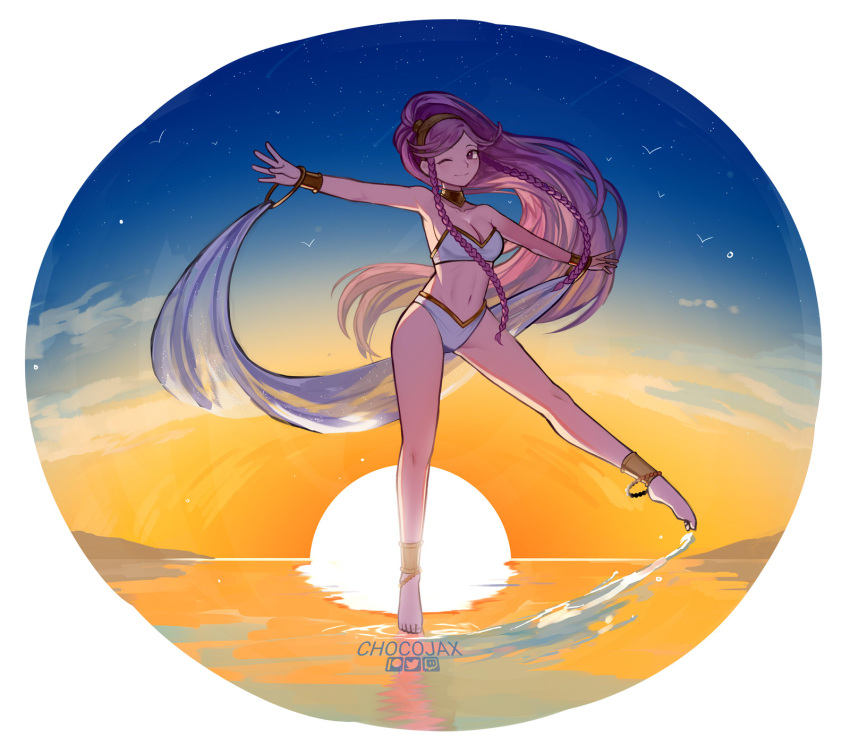 1girl 1girl 1girl ;) alluring alternate_costume bare_legs barefoot beach big_breasts bikini braid chocojax cleavage dancer dancing female_only fire_emblem fire_emblem_awakening intelligent_systems long_hair looking_at_viewer nintendo olivia_(fire_emblem) one_eye_closed outside pink_eyes pink_hair ponytail smile sun sunset swimsuit twin_braids very_long_hair wink