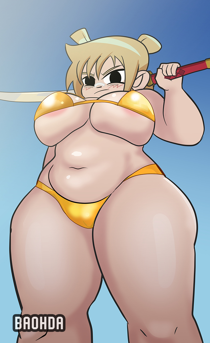 1girl 1girl baohda big_breasts blonde_hair breasts chubby chubby_female golden_bikini golden_week low-angle_shot low-angle_view roxanne_richter scott_pilgrim scott_pilgrim_takes_off sword tummy