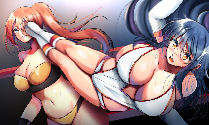 1girl 2_girls alluring big_breasts catfight female_only hagiwara_sakura miyazawa_erena pro_wrestling sekai_de_ichiban_tsuyoku_naritai! sweat thick_belly thick_thighs wrestler wrestling wrestling_outfit wrestling_ring wrestling_singlet wrestlingryona