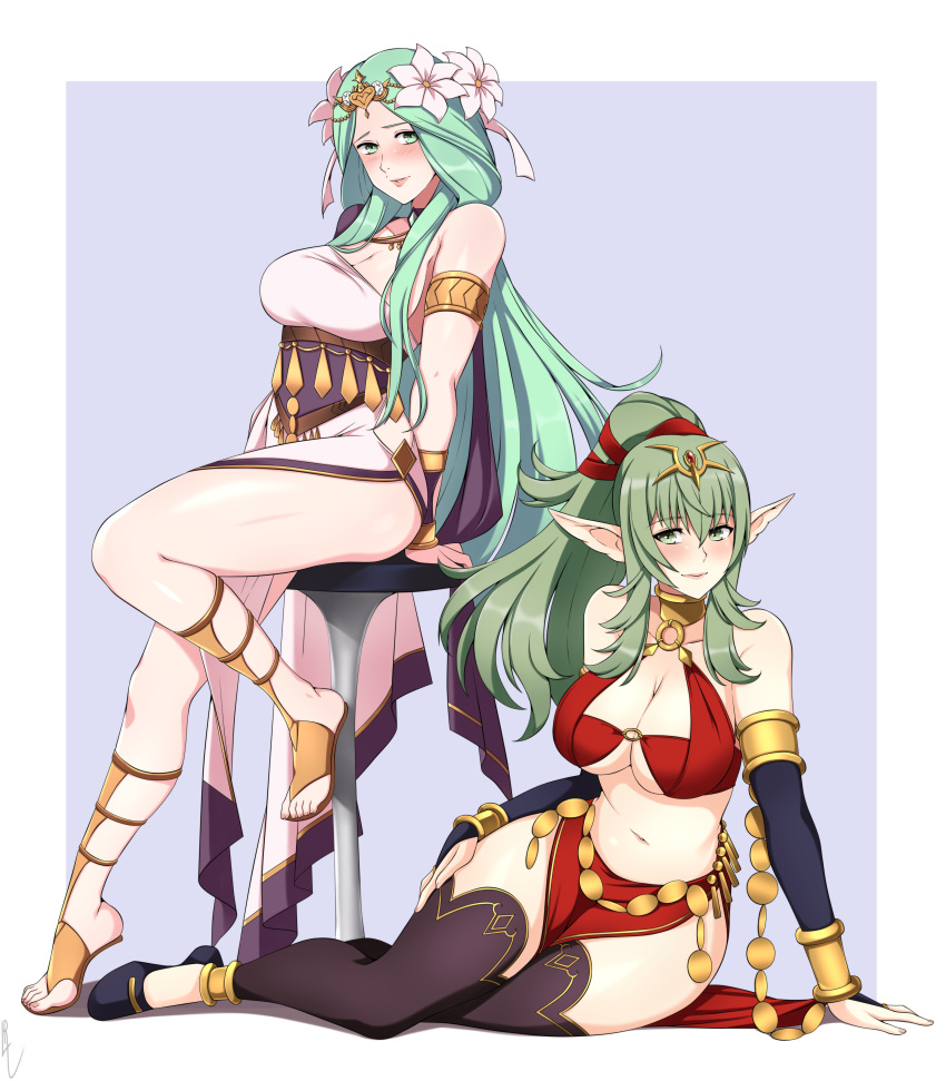 1girl 2_girls alternate_costume arabian_clothes armlets bare_legs bare_midriff bare_thighs big_breasts big_breasts blush bra bridal_gauntlets cleavage cosplay dancer dancer_(three_houses) dancer_outfit female_focus female_only fire_emblem fire_emblem:_three_houses fire_emblem_awakening fire_emblem_heroes green_eyes green_hair harem_outfit intelligent_systems lindaroze long_green_hair long_hair looking_at_viewer midriff multiple_girls navel nintendo olivia_(fire_emblem) olivia_(fire_emblem)_(cosplay) pelvic_curtain pointy_ears ponytail red_bra rhea_(fire_emblem) sitting sitting_on_stool smile source_smaller stockings stool thick_thighs tiki_(adult)_(fire_emblem) tiki_(fire_emblem) under_boob wide_hips