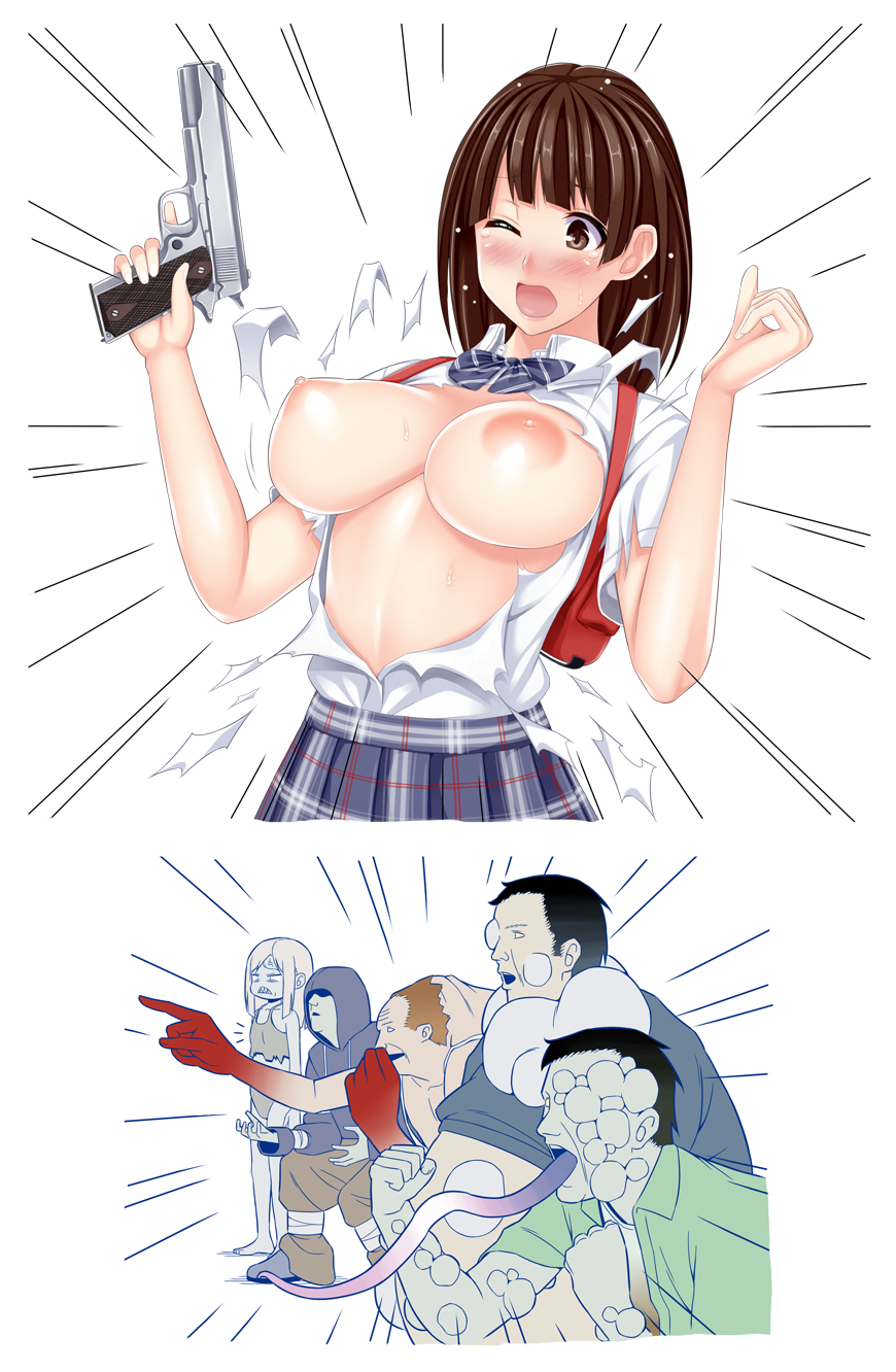1girl 2016 2_girls 4boys artist_request backpack big_breasts boomer_(left_4_dead) breast_envy breasts breasts_out brown_hair bursting_breasts handgun haruka_hirose holding holding_object holding_weapon huge_breasts human hunter_(left_4_dead) jockey_(left_4_dead_2) left_4_dead left_4_dead_2 m1911 male meme nipples randoseru short_hair small_breasts smoker_(left_4_dead) the_witch tongue torn_clothes torn_clothing torn_shirt weapon witch_(left_4_dead) zombie zombies
