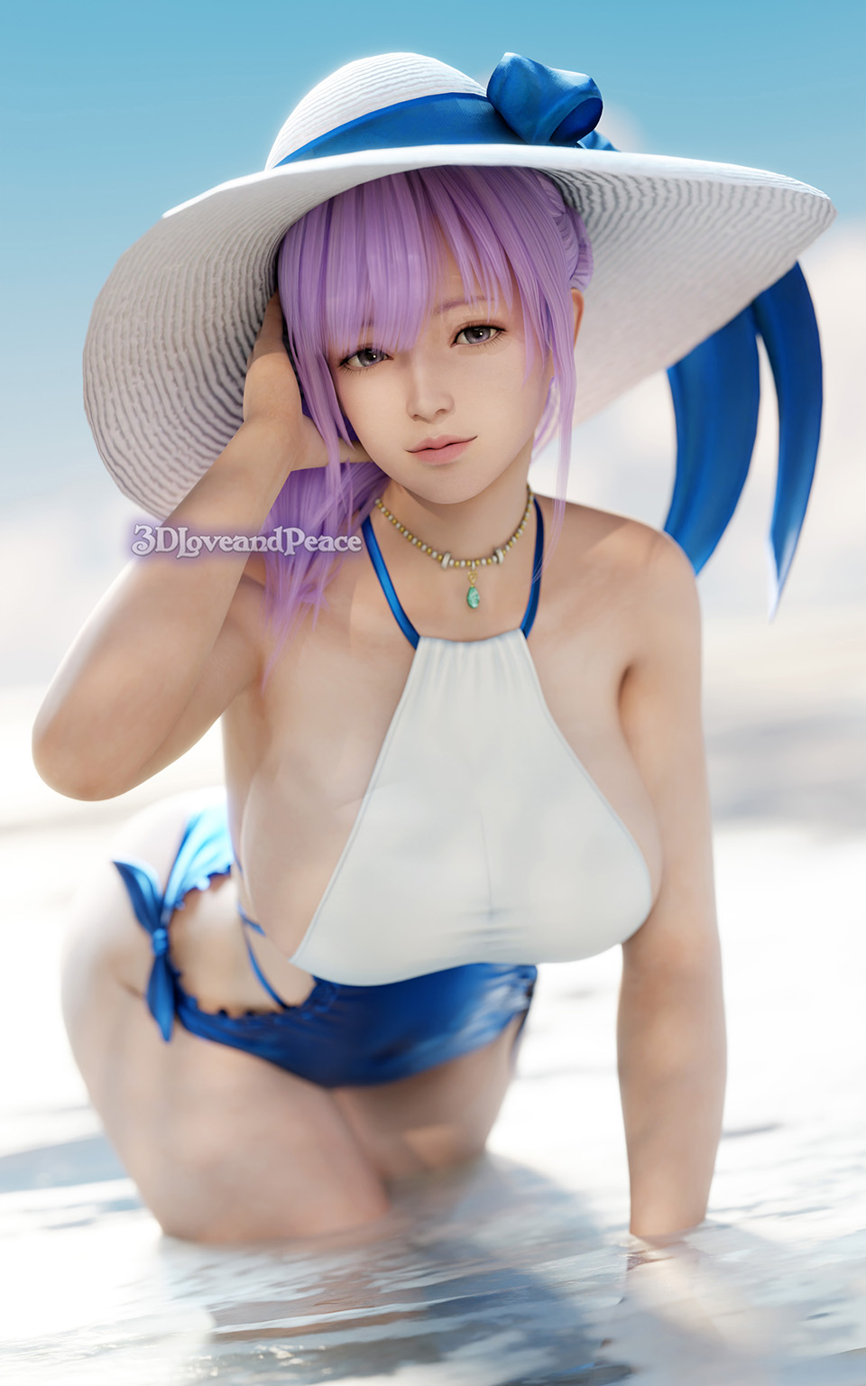 1girl 3dloveandpeace alluring bare_legs big_breasts bikini blue_eyes dead_or_alive dead_or_alive_xtreme_venus_vacation fiona_(doa) lavender_hair one-piece_bikini pin_up sideboob tecmo