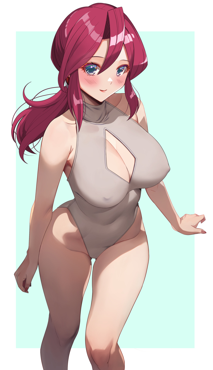 1girl akihiro0920 alluring bare_arms bare_legs bare_shoulders bare_thighs big_breasts bikini blue_eyes blush cleavage cleavage_cutout closed_mouth grey_one-piece_bikini highleg_bikini lipstick long_hair lorelei lorelei_(pokemon) mature_female nipples_visible_through_clothing one-piece_bikini pokemon purple_hair smile standing swimsuit thigh_gap thighs