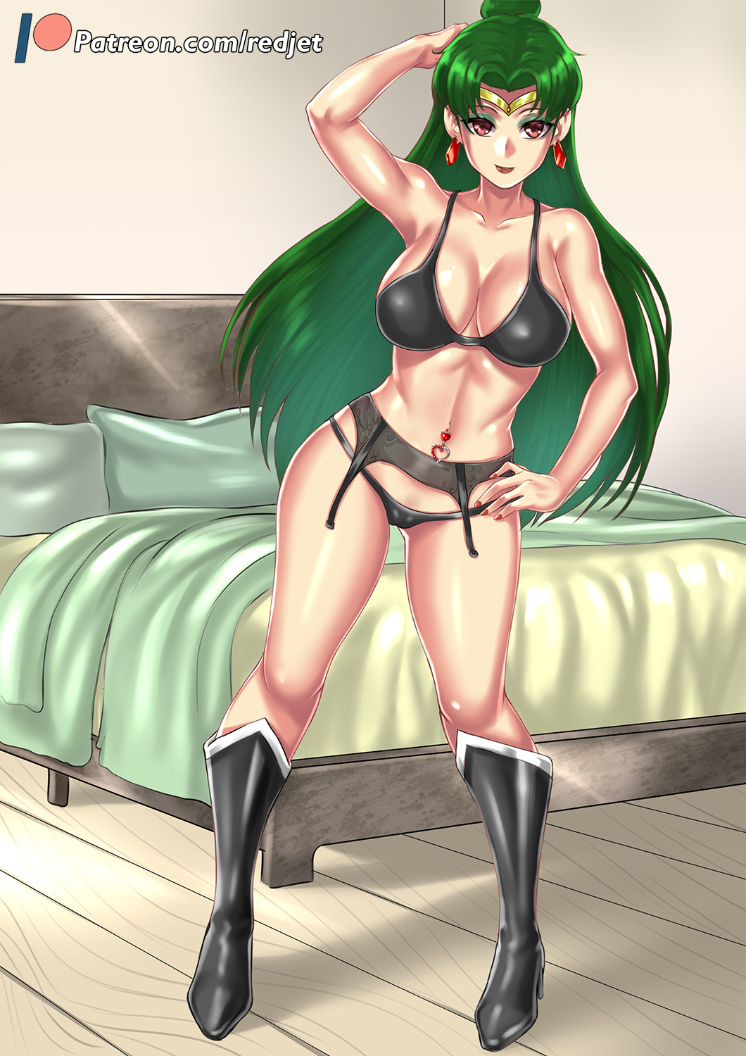 1girl alluring bedroom belly_piercing big_breasts bishoujo_senshi_sailor_moon boots bra female_only garter_belt green_hair imminent_sex lingerie looking_at_viewer navel_piercing panties redjet sailor_pluto setsuna_meiou