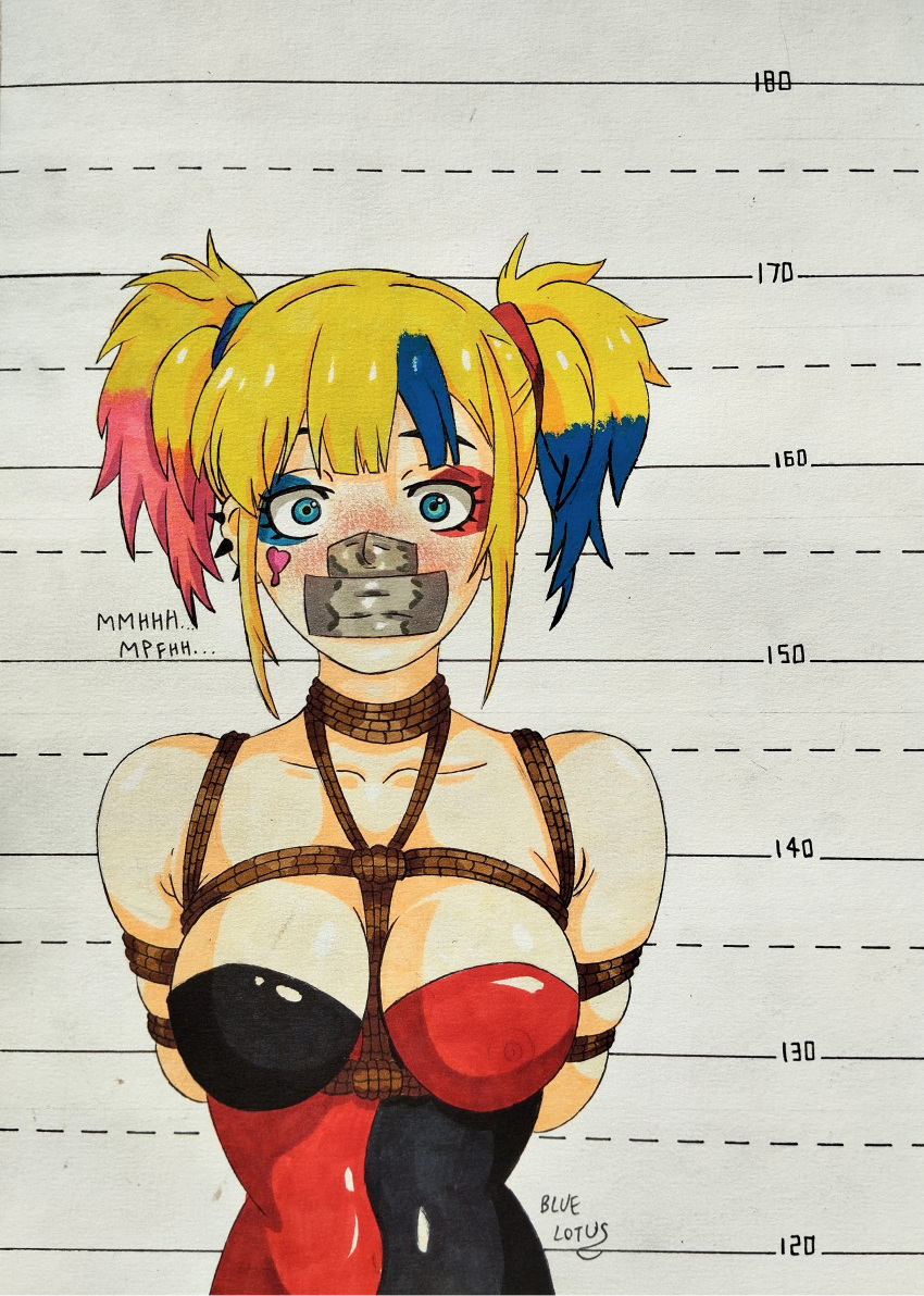 1girl anime batman_(series) big_breasts blue-lotus bound_and_gagged bsdm damsel_in_distress dc dc_comics female gag gagged harleen_quinzel harley_quinn harley_quinn_(suicide_squad_isekai) latex over_the_nose_gag prisoner solo suicide_squad suicide_squad_isekai tape_gag tape_gagged traditional_art