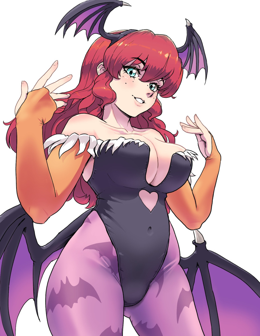 1girl aqua_eyes bare_shoulders bat_print big_breasts black_leotard black_wings breasts bridal_gauntlets capcom cleavage collarbone cosplay covered_navel darkstalkers demon_girl demon_wings eyebrows_visible_through_hair eyes_visible_through_hair female_only female_solo freckles freckles_on_face grin hair_between_eyes hands_up head_wings kerrigan_(thescarletone) legs leotard lips long_hair looking_at_viewer morrigan_aensland morrigan_aensland_(cosplay) neck orange_bridal_gauntlets original original_character pantyhose parted_lips purple_pantyhose red_hair simple_background smile standing thescarletone thick_thighs thighs white_background wings