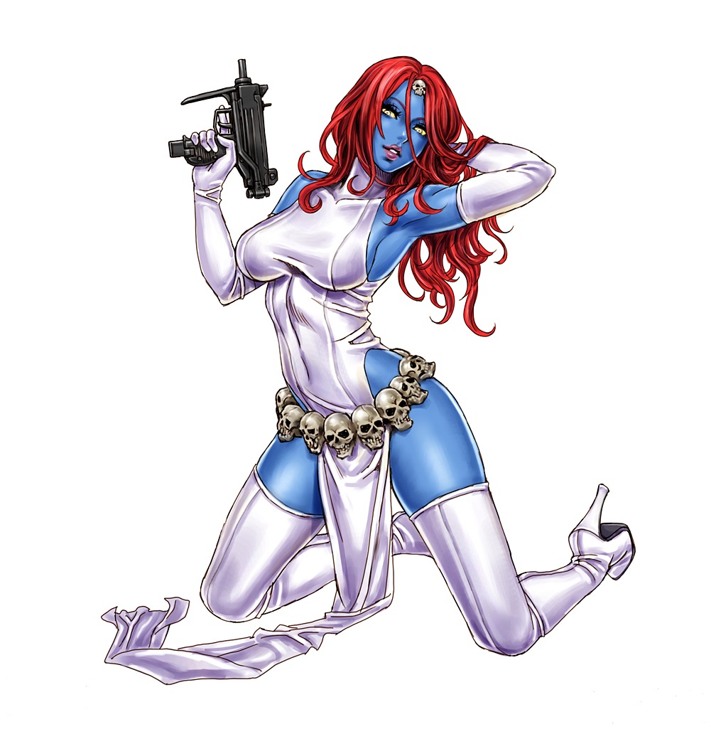 1girl arm_behind_head arm_up armpits bare_shoulders big_breasts blue_skin boots breasts dress elbow_gloves female_only female_solo footwear full_body gloves grin gun half-closed_eyes hand_up head_tilt high_heel_boots high_heels holding holding_gun holding_weapon lips lipstick long_dress long_hair looking_at_viewer machine_gun makeup marvel marvel_comics medium_breasts mystique parted_lips pelvic_curtain pink_lipstick red_hair simple_background skull sleeveless sleeveless_dress sleeveless_turtleneck smile supervillainess thigh_high_boots turtleneck turtleneck_dress villainess weapon white_background white_boots white_dress white_footwear white_gloves white_high_heel_boots white_high_heels white_thigh_boots x-men yamashita_shun'ya yellow_sclera