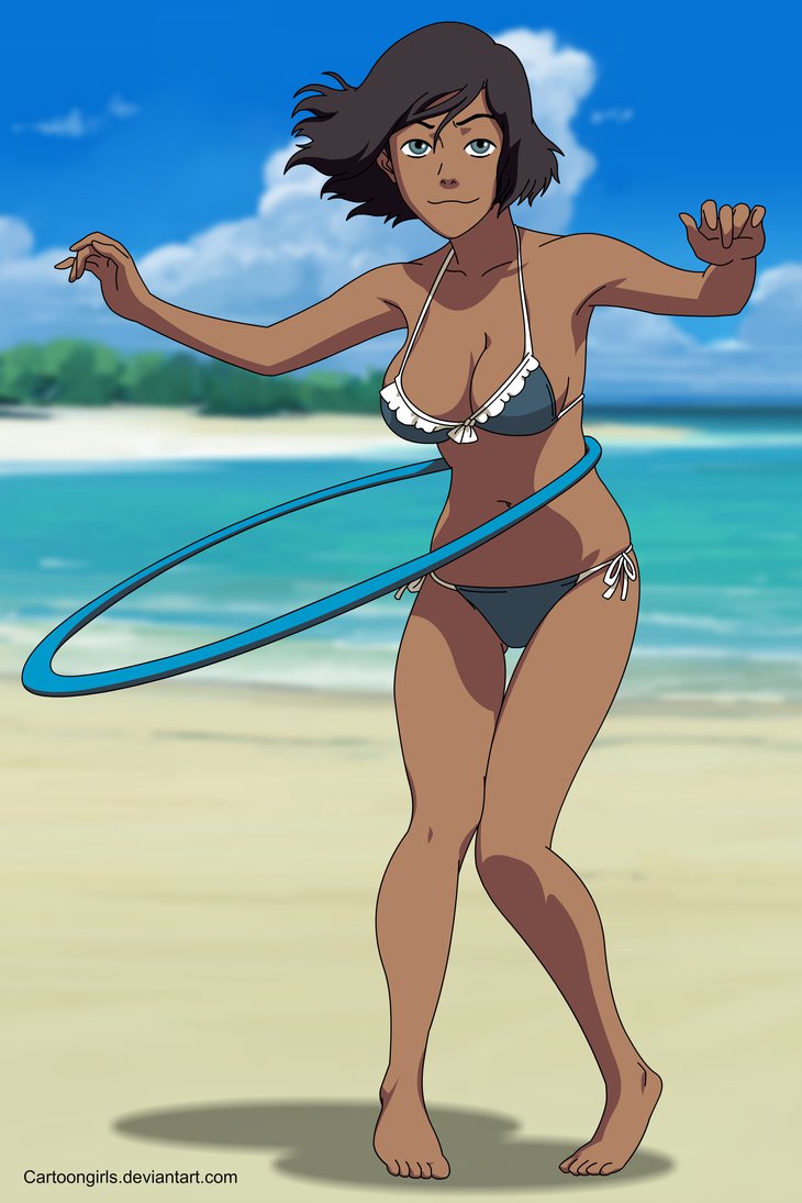 1girl armpits bare_arms bare_legs bare_shoulders barefoot beach big_breasts bikini blue_bikini blue_eyes blue_swimsuit breasts brown_hair cartoongirls_(artist) cleavage closed_mouth cloud collarbone dark-skinned_female dark_skin day feet female_only female_solo full_body korra legs looking_at_viewer medium_breasts midriff navel neck nickelodeon ocean outside sand shadow short_hair side-tie_bikini sky smile standing swimsuit the_legend_of_korra* water water_tribe