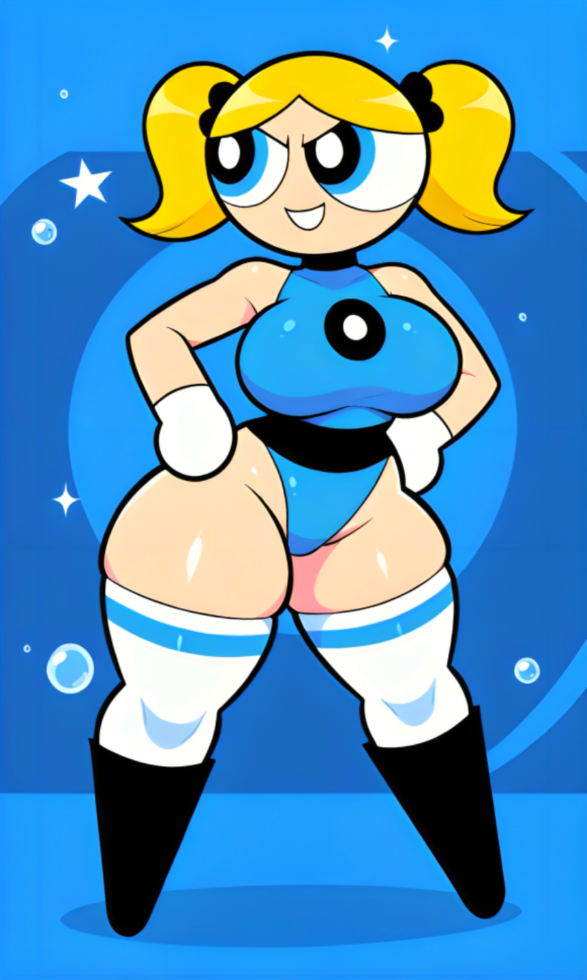 1girl :d ai_generated big_breasts black_boos blonde_hair blue_background blue_eyes blue_leotard bubbles bubbles_(ppg) cartoon_network clothed confident curvy hair_ties leotard pixai powerpuff_girls simple_background smile sparkles stars striped_thighhighs superhero_costume superheroine tall_girl thick_thighs twin_tails white_gloves white_thighhighs wide_hips