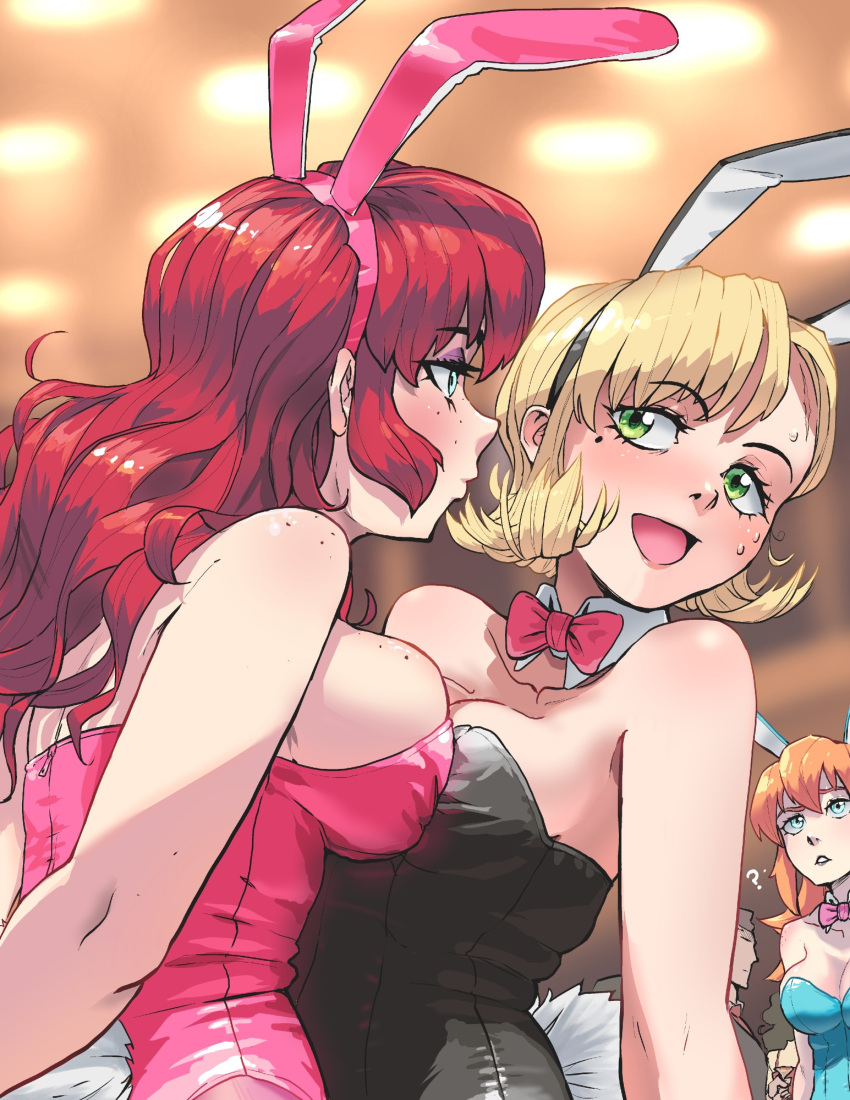 2_girls animal_ears aqua_eyes arm_at_side arms_behind_back asymmetrical_bangs asymmetrical_docking back bangs bare_arms bare_shoulders big_breasts black_bunny_ears black_leotard blonde_female blonde_hair blue_leotard blush bow bowtie breast_press breasts bunny_ears bunny_girl bunny_tail bunnysuit cleavage closed_mouth couple detached_collar duo duo_focus eye_contact eyebrows_visible_through_hair eyeshadow fake_animal_ears female_only freckles freckles_on_breasts freckles_on_face freckles_on_shoulders green_eyes hair_between_eyes half-closed_eyes indoors kerrigan_(thescarletone) leotard long_hair looking_at_another love makeup medium_breasts michelle_(thescarletone) mole mole_under_eye multiple_girls neck nervous nervous_smile olivia_(thescarletone) open_mouth orange_hair original original_character parted_lips pink_bow pink_bowtie pink_bunny_ears pink_leotard purple_eyeshadow red_bow red_bowtie red_hair romantic romantic_couple sideboob smile strapless strapless_leotard surprised sweat tail thescarletone wavy_hair yuri