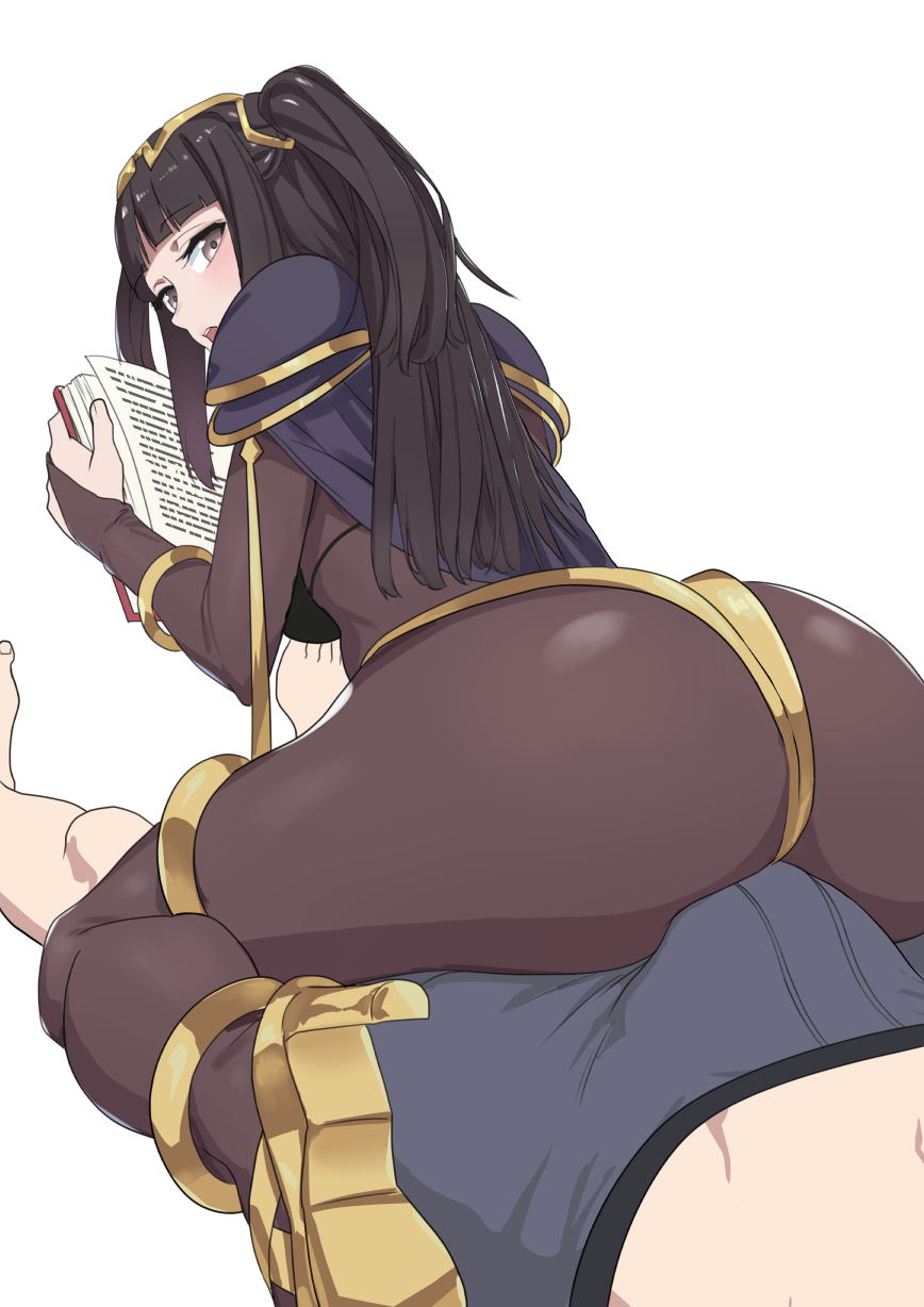 1boy 1girl ass ass_focus blue_hair blunt_bangs blush bodystocking boxers breasts bulge bulge_to_ass buttjob buttjob_over_clothes cape dry_humping erection erection_under_clothes fire_emblem girl_on_top gold_trim grinding hakuto7u hetero high_heels high_res huge_ass humping intelligent_systems looking_back lying male_underwear milf nintendo on_back open_mouth purple_eyes reading simple_background sitting sitting_on_lap sitting_on_person spellbook tharja tharja_(fire_emblem) through_clothes tiara topless_female underwear white_background