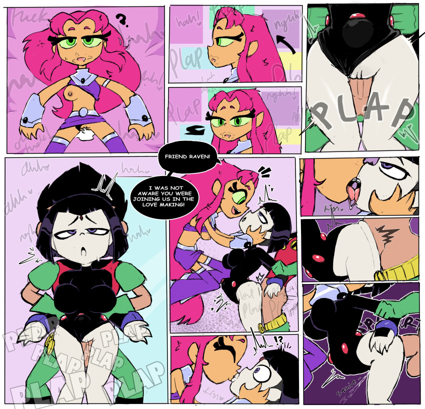 !? 1boy 2girls accurate_art_style arched_back baecohn big_breasts bisexual_female black_hair breasts cartoon_network closed_eyes clothed_sex comic dc dialogue dick_grayson dress_aside dubious_consent english_text female female_focus from_behind from_behind_position green_eyes grey_skin group_sex half-closed_eyes holding_arms kissing koriand'r lesbian_kiss light_skin male mask official_style pale_skin pink_hair plap purple_eyes rachel_roth raven_(dc) robin starfire surprised tan_body teen_titans teen_titans_go threesome waking_up yuri