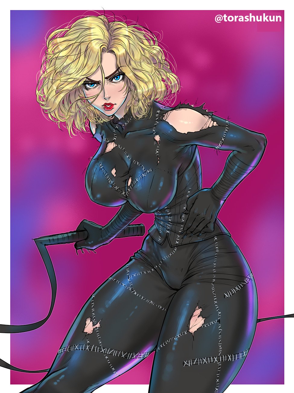 1girl 1girl 1girls batman_(series) batman_returns battle_damage battle_damaged big_breasts blonde_hair blue_eyes breasts catwoman catwoman_(michelle_pfeiffer) damaged_clothes dc_comics dc_comics female_only lipstick michelle_pfeiffer selina_kyle solo_female thunder_thighs tim_burton torashu-kun torn_bodysuit torn_clothes whip