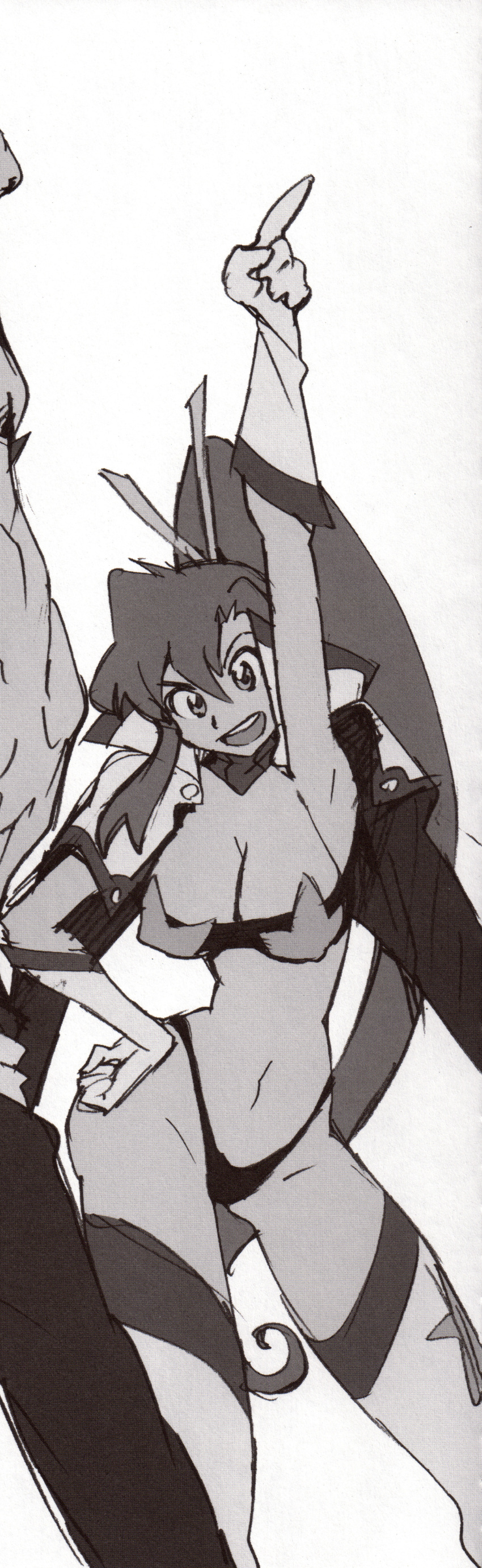 1girl 2000s absurd_res big_breasts breasts cleavage cropped curvy edited gloves greyscale high_res huge_breasts monochrome official_art pointing ponytail smile space_yoko tengen_toppa_gurren-lagann thighs thong wide_hips yoko_littner