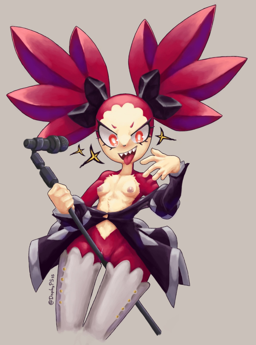 1girl 2024 anthro black_dress bottomless breasts display55 dress_down fibell_luxbell fur hair_tie high_res holding_microphone leggings looking_at_viewer maroon_body maroon_hair microphone nipples object_rubbing open_mouth orange_eyes pigtails posing pussy red_hair sharp_teeth small_breasts snoworldian spaicy tongue_out