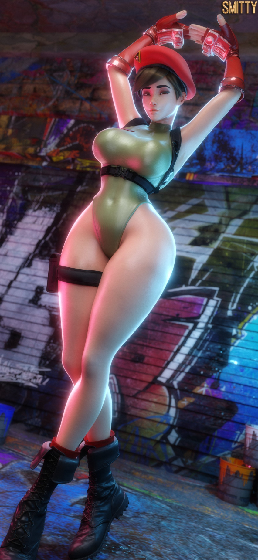1girl 3d 3d_(artwork) activision big_breasts blizzard_entertainment breasts british british_female cammy_white cammy_white_(cosplay) capcom clothed clothed_female cosplay crossover crossover_cosplay european european_female female female_focus female_only legs lena_oxton overwatch overwatch_2 short_hair short_hair_female smitty34 solo solo_female solo_focus street_fighter thick_thighs thigh_strap thighs tracer video_game_character