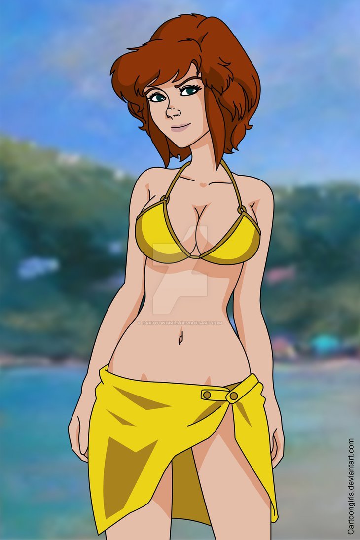 1girl alternate_costume april_o'neil april_o'neil_(tmnt_1987) aqua_eyes arms_at_sides bare_arms bare_legs bare_shoulders beach big_breasts bikini breasts brown_hair cartoongirls_(artist) cleavage closed_mouth collarbone day deviantart female_only female_solo legs lips lipstick makeup midriff naughty_face navel neck nickelodeon outside sarong short_hair smile standing swimsuit teenage_mutant_ninja_turtles teenage_mutant_ninja_turtles_(1987) tmnt tmnt_1987 watermark yellow_bikini yellow_sarong yellow_swimsuit