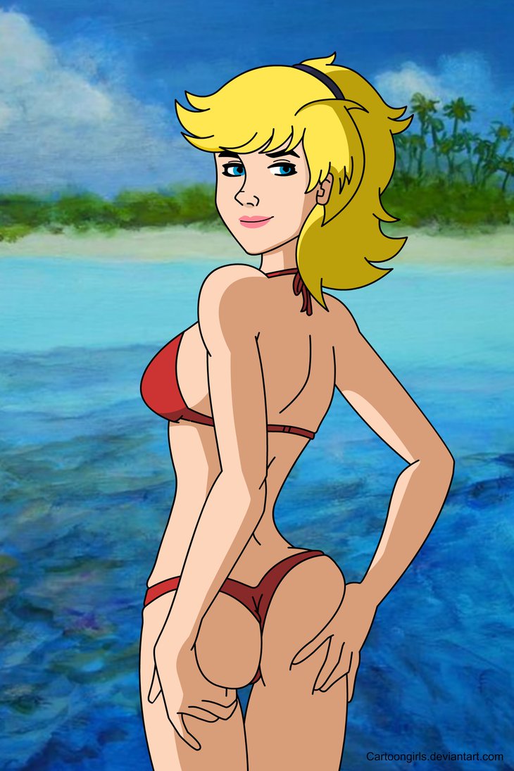 1girl alternate_costume arms_behind_back ass back bare_arms bare_back bare_legs bare_shoulders beach big_ass bikini blonde_female blonde_hair blue_eyes breasts captain_planet_and_the_planeteers cartoon_network cartoongirls_(artist) closed_mouth day female_only female_solo from_behind grabbing grabbing_own_ass high_ponytail legs linka_(captain_planet) lips lipstick long_hair looking_at_viewer looking_back makeup medium_breasts midriff neck ocean outside pink_lipstick ponytail red_bikini red_swimsuit sand sideboob smile standing swimsuit teenage_girl thick_eyebrows tied_hair water
