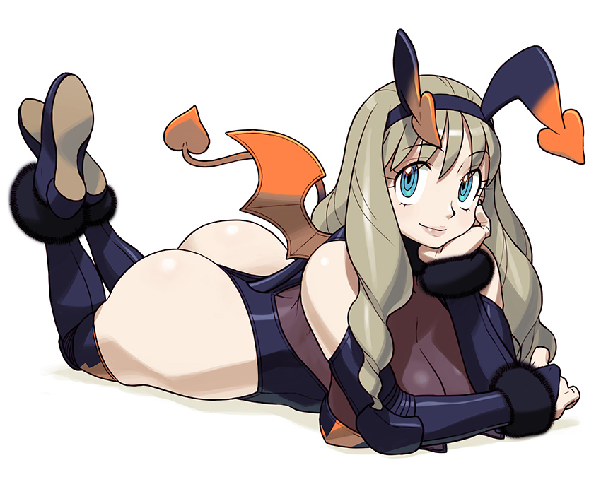 1girl big_breasts black_bodysuit blue_eyes bodysuit boots breasts copyright_request demon_tail devil_suit elbow_gloves elbow_pads eyebrows_visible_through_hair fur_trim hair_between_eyes hand_on_face horned_hairband horned_headwear horns_hairband ishikawa_hideki large_hair long_boots long_hair looking_at_viewer pink_lips pink_lipstick sidelocks smile studio_p-head wings