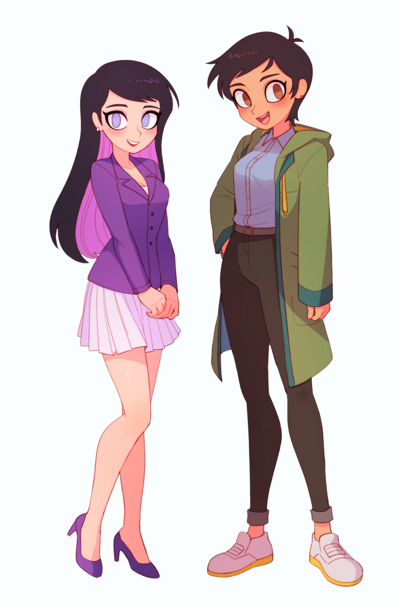 2_girls arm_at_side bangs bare_legs batrobin_k belt black_hair black_pants blue_eyes blue_shirt blush breasts brown_eyes brown_hair cleavage collared_shirt crossover dc_comics dcau dual_persona earrings female_only footwear full_body green_hoodie green_jacket grey_belt grin hand_on_hip happy high_heels hooded_jacket hoodie jacket jewelry legs lips lipstick lois_lane lois_lane_(my_adventures_with_superman) long_hair long_sleeves looking_at_viewer makeup medium_breasts miniskirt multicolored_hair multiple_girls my_adventures_with_superman neck open_clothes open_jacket open_mouth pants parted_lips pink_hair pleated_skirt purple_footwear purple_high_heels purple_jacket red_lipstick round_teeth shirt shoes short_hair simple_background skirt small_breasts smile sneakers standing straight_hair superman:_the_animated_series superman_(series) swept_bangs teeth tomboy two-tone_hair two_tone_hair upper_teeth upper_teeth_only v_arms white_background white_footwear white_shoes white_skirt white_sneakers