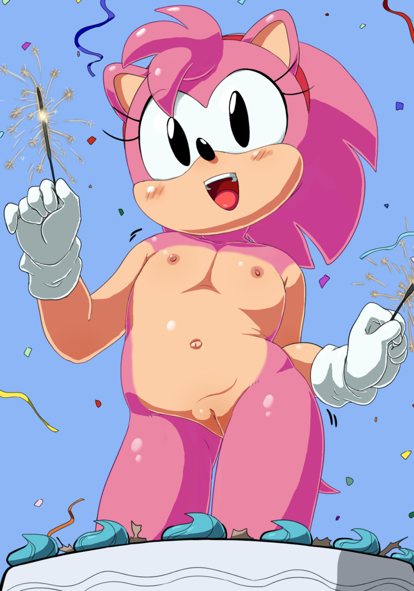 1girl amy_rose black_eyes blue_background blush cake classic_amy_rose cleft_of_venus completely_nude confetti female female_focus fireworks flat_chest food furry furry_female gloves highres navel nipples nude open_mouth pink_fur pussy sega simple_background sonic_team sonic_the_hedgehog_(series) sparkler