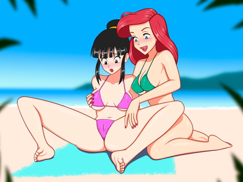 1girl 2_girls 2d anoneysnufftan applying_sunscreen ariel_(the_little_mermaid) barefoot beach beach_towel bikini black_hair blue_eyes blurry_background chichi chichi_(beginning_of_z) crossover disney disney_princess dragon_ball eastern_and_western_character embarrassed female_only full_color humiliation imminent_death killer_lotion long_hair massage m****r nail_polish peril punishment red_hair rubbing sand seaside sinfulline sky s***f summer sunbathing swimsuit the_little_mermaid towel