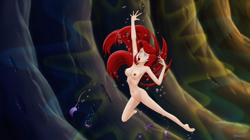 1girl alternate_species asphyxiation barefoot breasts bubbles canonical_scene cave disney drowning feet female human medium_breasts navel nipples nude ocean peril post_transformation princess_ariel pussy qwazicx sea skinny_dipping solo the_little_mermaid the_little_mermaid_(1989_film) torn_bra torn_clothing underwater underwater_peril wardrobe_malfunction water