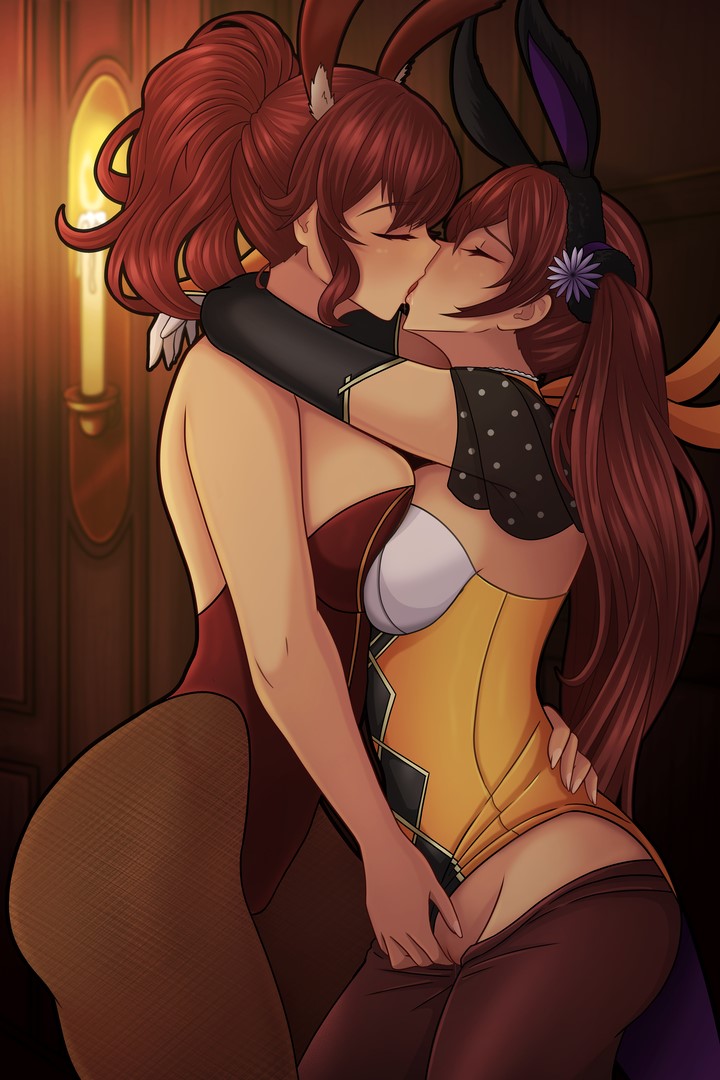 1girl 2024 2_girls alluring anna_(fire_emblem) arms_around_neck arms_around_partner aroused aroused_by_another aroused_female big_breasts breast_press breasts_to_breasts bunny_costume bunny_ears candle candlelight closed_eyes clothed_female commission elbow_gloves female_only fingering fingering_partner fingers_on_pussy fire_emblem fire_emblem_awakening fire_emblem_heroes fishnet_pantyhose fishnets french_kiss gloves hand_on_another's_hip high_res indoors intelligent_systems kinky kissing leotard lesbian_kiss multiple_girls nintendo nirainini pantyhose pantyhose_down pantyhose_pull pointy_chin ponytail pussy red_hair severa_(fire_emblem) severa_(spring)_(fire_emblem) standing twin_tails uncensored vaginal_insertion yuri