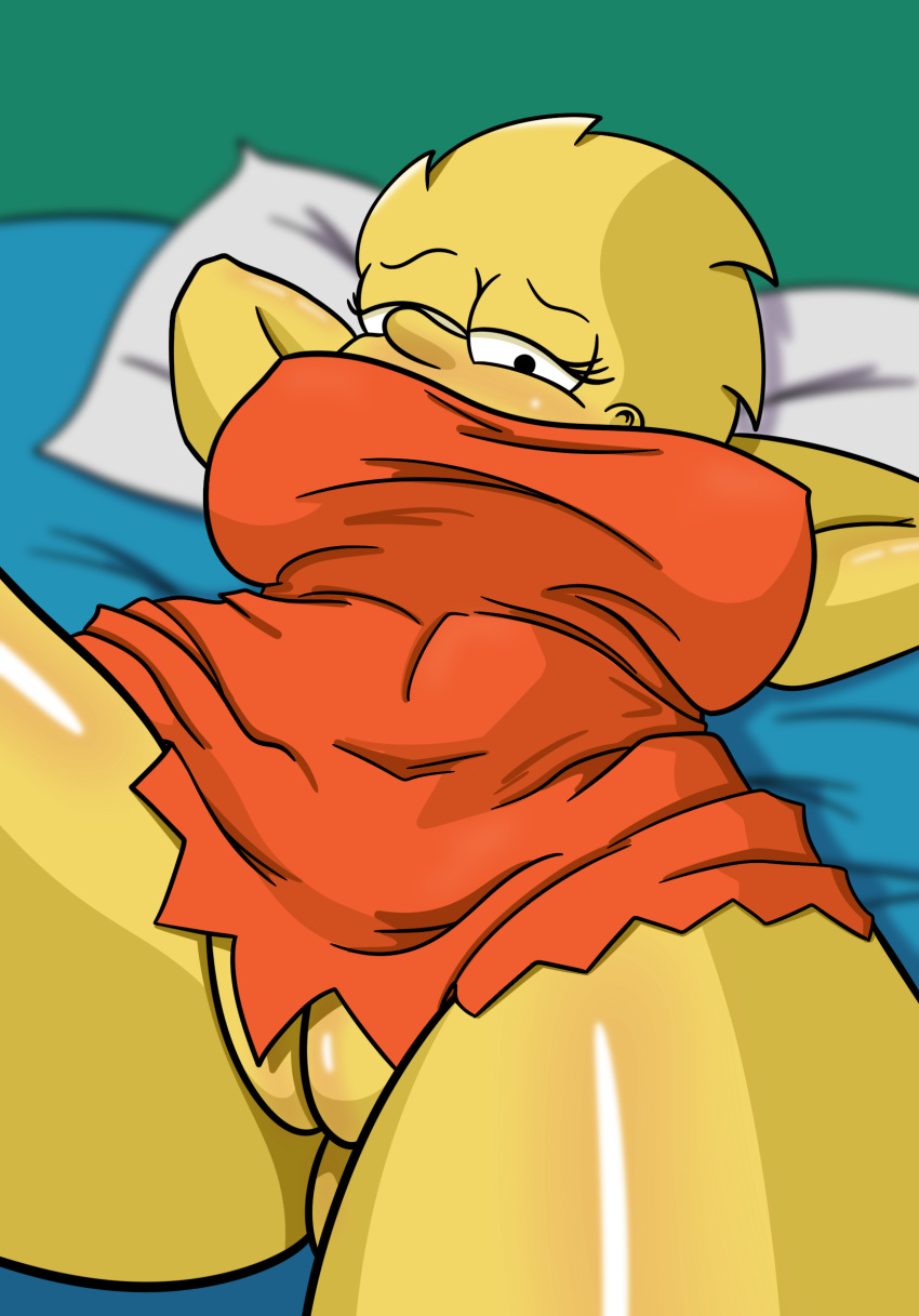 1girl 20th_century_studios 2d accurate_art_style disney female lisa_simpson looking_at_viewer lying lying_on_back naked_female no_panties nude_female pussy pussy_peek selfpic solo the_simpsons toonius_sketchus yellow_body yellow_skin