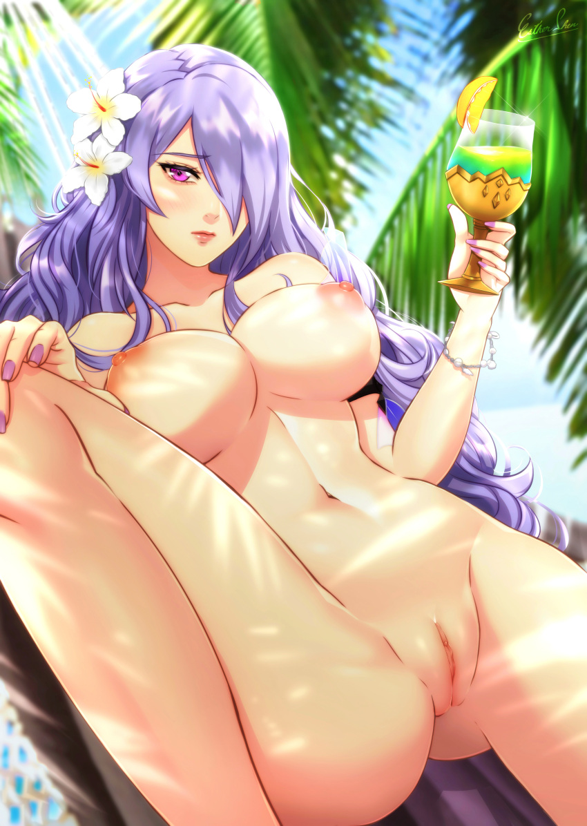 1girl alluring bare_legs bikini camilla_(fire_emblem) camilla_(summer)_(fire_emblem) completely_nude_female esther-shen estra fire_emblem fire_emblem_warriors intelligent_systems lavender_hair nintendo nude official_alternate_costume purple_eyes pussy tagme