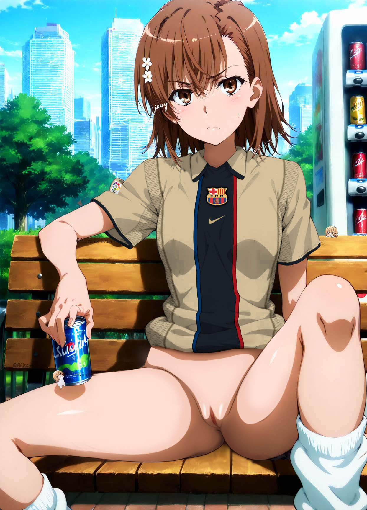 bottomless brown_eyes brown_hair fc_barcelona looking_at_viewer medium_hair misaka_mikoto nekom14 no_panties no_pants outside pussy soccer_jersey soda_bottle spread_legs toaru_kagaku_no_railgun