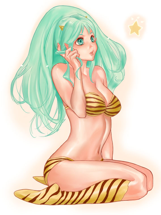 1girl aqua_eyes aqua_hair arm_at_side arm_support bare_arms bare_shoulders bikini boots breasts female_only female_solo footwear full_body grin hair_grab hand_up horns lips lipstick long_hair looking_to_the_side lum makeup matching_hair/eyes medium_breasts midriff neck parted_lips pink_lipstick sakakibara_mizuki sakakibara_mizuki_(artist) simple_background sitting smile star strapless strapless_bikini strapless_swimsuit swimsuit tiger_print urusei_yatsura wariza white_background yellow_boots yellow_footwear