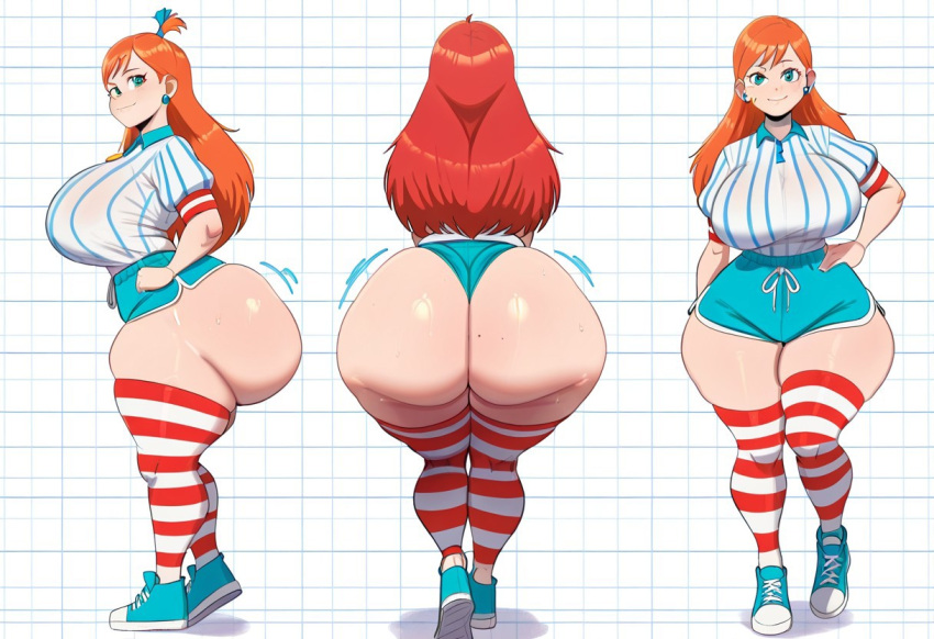 1girl ai_generated ass big_ass big_breasts booty_shorts breasts dolphin_shorts fundoshilover101 huge_ass huge_breasts wendy's wendy_thomas