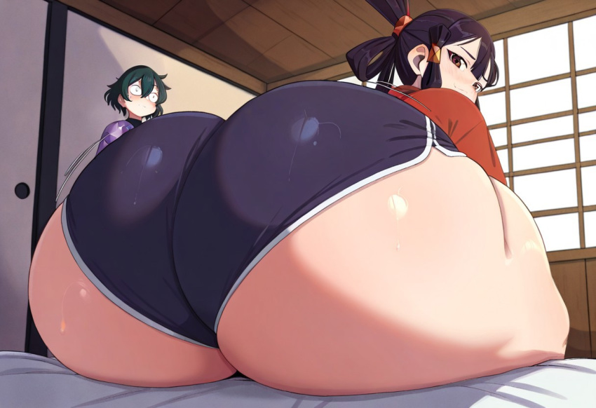2_girls ai_generated ass big_ass big_breasts booty_shorts breasts dolphin_shorts fundoshilover101 huge_ass sakuna_(sakuna_of_rice_and_ruin) sakuna_of_rice_and_ruin