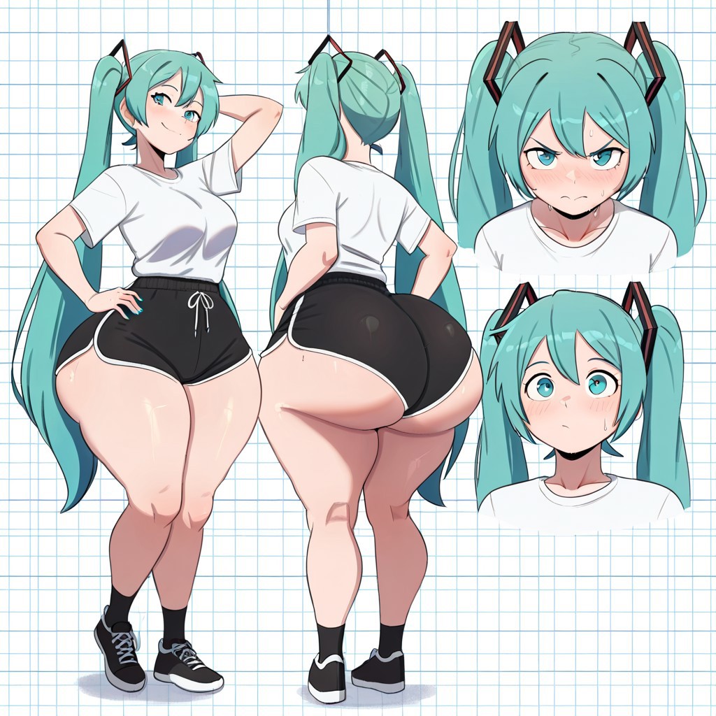 1girl ai_generated ass big_ass big_breasts booty_shorts breasts dolphin_shorts fundoshilover101 huge_ass miku_hatsune vocaloid