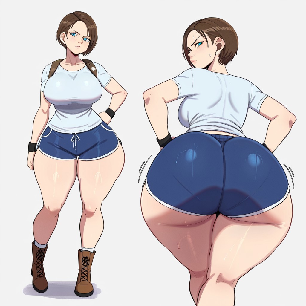 1girl ai_generated ass big_ass big_breasts booty_shorts breasts capcom dolphin_shorts fundoshilover101 huge_ass jill_valentine resident_evil