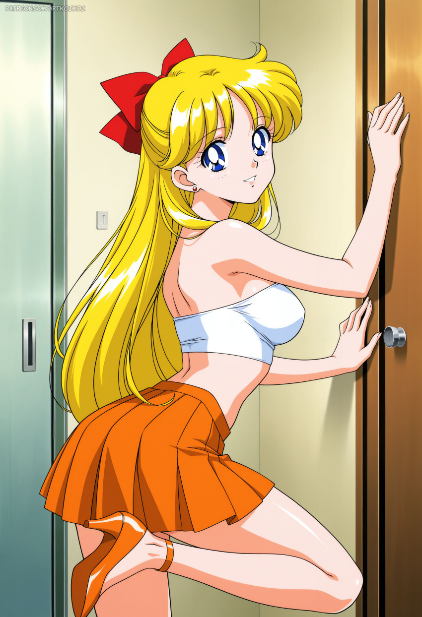 1girl alluring ass big_breasts bishoujo_senshi_sailor_moon blonde_hair blue_eyes cleavage high_heels koikoi_(artist) minako_aino pin_up posing skirt tube_top