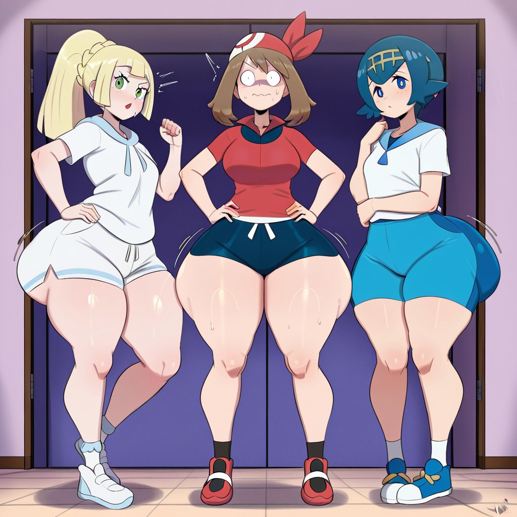3_girls ai_generated ass big_ass big_breasts booty_shorts breasts fundoshilover101 game_freak huge_ass lana lana_(pokemon) lillie_(pokemon) may_(pokemon) nintendo pokemon